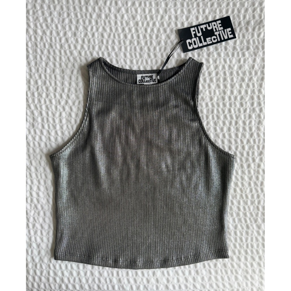 Future Collective NWT Silver Metallic Ribbed Cropped Tank Top S Y2K Party